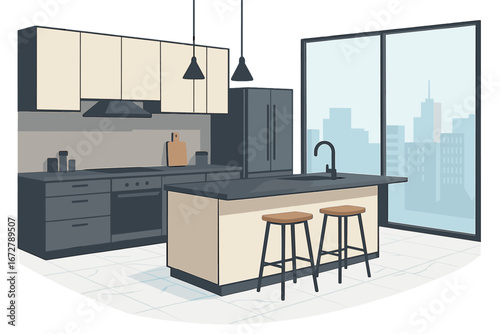 Contemporary kitchen featuring an island, marble flooring, and a view of the city