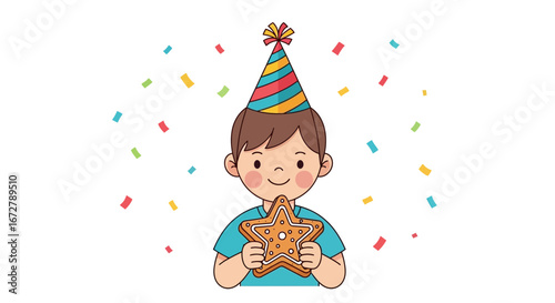 Cheerful Youngster Celebrating Birthday with Star Cookie and Festive Decorations