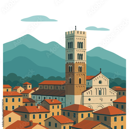 Mountain backdrop frames Lucca rooftops and the cathedral tower