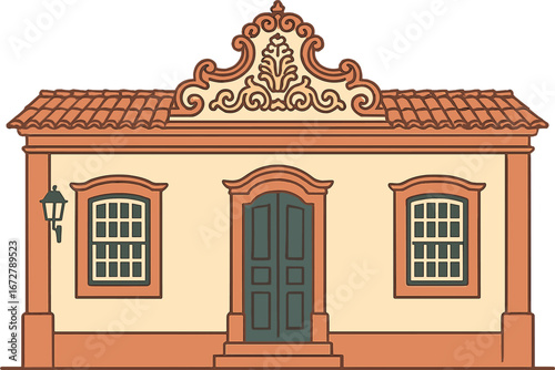 Fachada de uma bela casa em estilo barroco colonial na cidade de Goiás, cidade histórica do Brasil