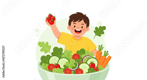 Cheerful Youngster Displays Fresh Vegetables from a Bowl for Healthy Eating Habits Illustration