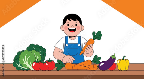 Cheerful Youngster Showcasing Variety Fresh Produce, Promoting Healthy Eating Habits