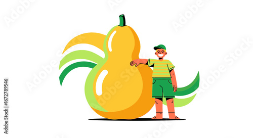 Cheerful Youngster With Giant Produce And Vibrant Leafy Adornments Illustration