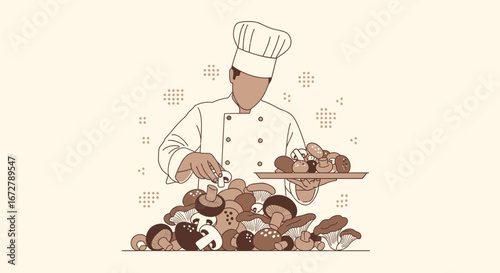 Chef Preparing Gourmet Mushroom Dish with Plate of Freshly Harvested Fungi
