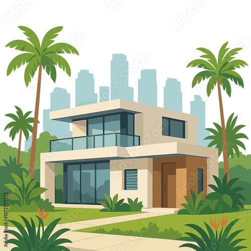 Contemporary Miami home boasting a city view, tropical landscaping, and real estate appeal