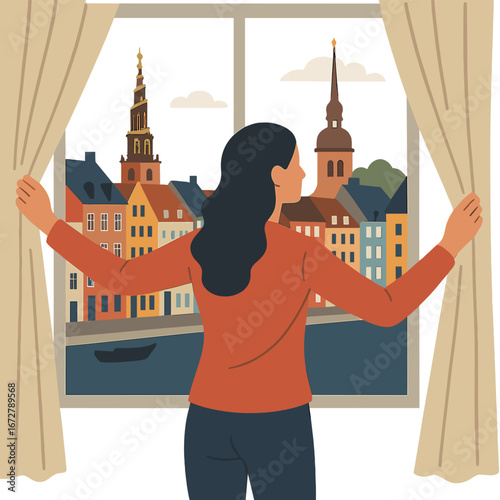 In Copenhagen, a woman opens her curtains while gazing out the window