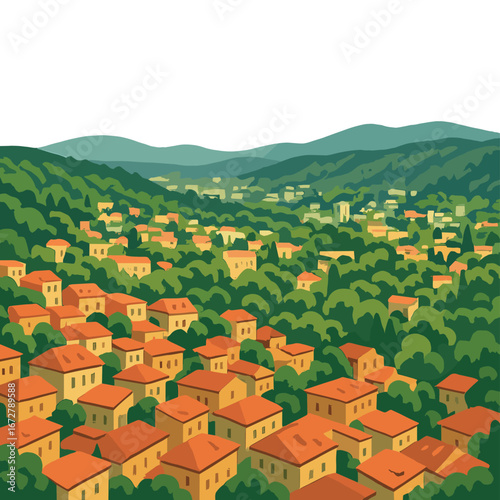 An aerial view of Tbilisi, Georgia, reveals a city of red rooftops nestled amid lush greenery, contrasting with distant hills
