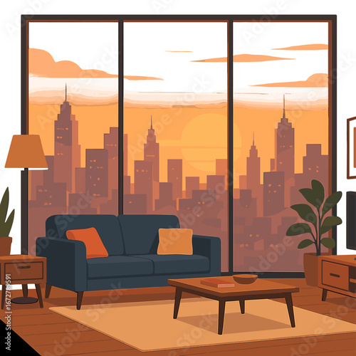 A contemporary living room with a view of the city skyline at sunset