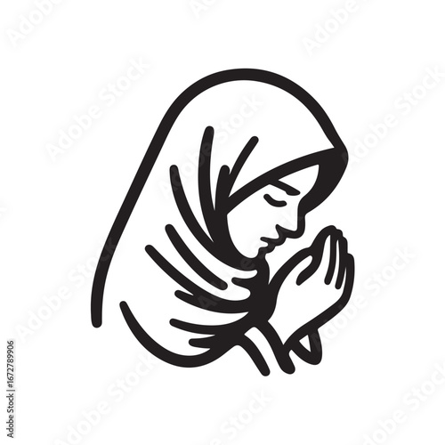 Cartoon vector illustration of a Muslim woman praying with a solemn expression and modest hijab clothing.