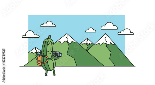 Cheerful Zucchini Photographing Mountain Vista Under Sky, Capturing Scenic Landscape Moments