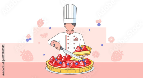 Chef Preparing Strawberry Tart With Precision And Culinary Expertise On A Pink Backdrop