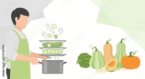 Chef Preparing Steamed Vegetables With Variety of Pumpkins or Squash for Healthy Meal