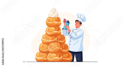 Chef Adding Cream To Croquembouche, Culinary Arts, Artistic Illustration, Food Composition.