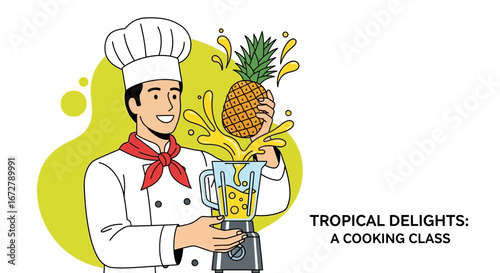 Chef Preparing Tropical Smoothie Creation in Blender with Fresh Pineapple Illustration