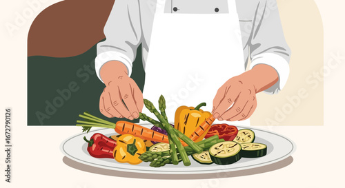 Chef Arranges Vibrant Vegetables On Plate Preparing For Exquisite Culinary Presentation