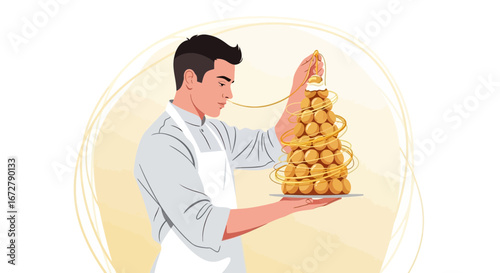 Chef Presenting A Sophisticated Croquembouche Tower With Delicate Caramel Decoration