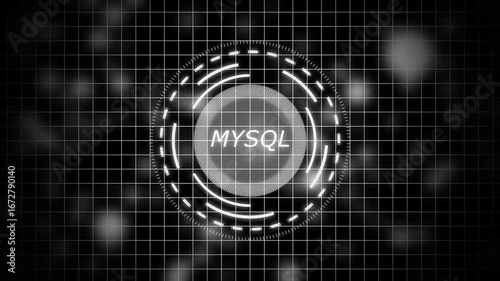Futuristic MYSQL Concept Over Rotating HUD Elements and Animated Circuit . board design visualized in a digital space.,beautiful abstract wave technology ,white flickering dots on technology.4K