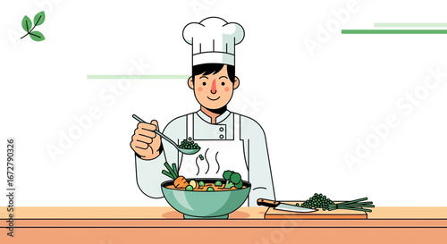 Chef Carefully Prepares Fresh Soup with Vegetables for Culinary Delight and Gastronomy