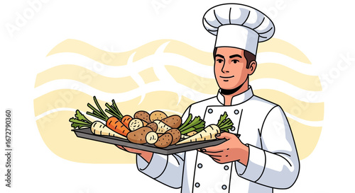 Chef Presenting Fresh Produce on a Tray Ready For Culinary Creations, Vector Illustration