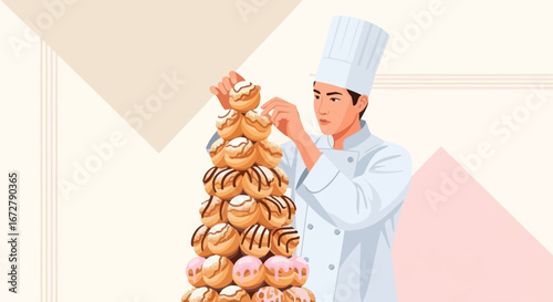 Chef Constructing a Tower of Cream Puffs in Artistic Illustration Style