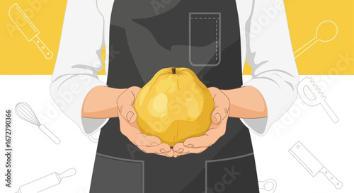 Chef Presenting Fresh Quince, Cooking Illustration, Fruit Food Ingredient Preparation