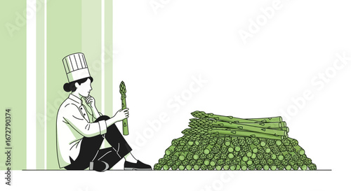 Chef Contemplating Fresh Asparagus A Culinary Deliberation On Vegetable Cuisine