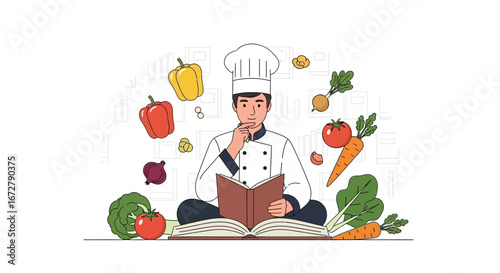 Chef Contemplating Recipe, Surrounded By Vegetables, In Illustrated Digital Illustration