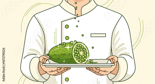 Chef Presenting Green Finger Lime on Plate with Illustration Graphics and Food Presentation