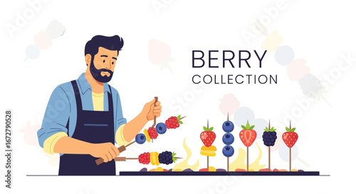 Chef Crafting Delicious Fruit Kebabs From A Berry Collection During Culinary Preparation