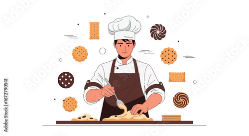 Chef Crafting Delicious Pastries And Biscuits In An Elegant Illustrated Design