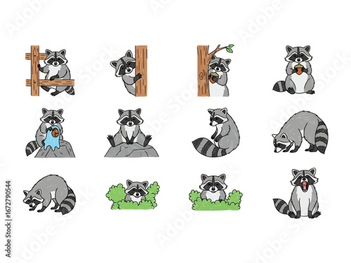 Whimsical Raccoon Illustrations: A charming set of stylized raccoon illustrations, each depicting the playful mammal in various endearing poses against a clean background, perfect for designs.