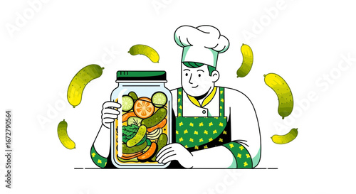 Chef Presenting Jar Of Pickles With Fresh Vegetables And Green Apron