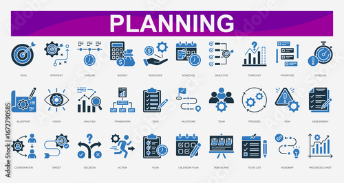 Planning color Icons set. Vector illustration.Goal, Strategy, Timeline, Budget, Resource, Schedule, Objective, Forecast, Prioritize, Deadline. Vector illustration