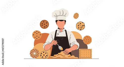 Chef Crafting Fresh Cookies With Delicious Ingredients And Exceptional Expertise Illustration