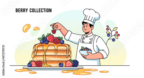 Chef Decorates Pancake Stack With Fresh Berries, Infused With Honey and Maple Syrup
