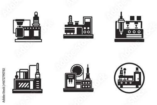 Monochrome industrial machine icon set showcasing factory automation and manufacturing equipment for modern production processes and technological advancements