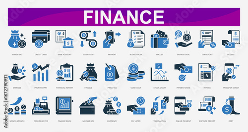 Finance color Icons set. Vector illustration. Money Bag, Credit Card, Bank Account, Cash Flow, Payment, Budget Plan, Wallet, Savings Goal, Tax Report, Bill Pay.Vector illustration