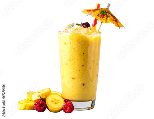  Banana Smoothie with Ice Cubes and Tropical Straw, Front View, isolated