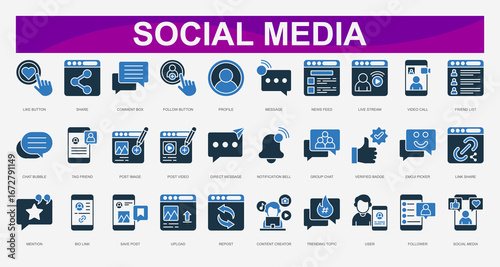 Social Media color Icons set. Vector illustration. Like Button, Share, Comment Box, Follow Button, Profile, Message, News Feed, Live Stream, Video Call, Friend List. Vector illustration