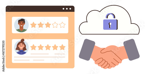 Starred user reviews displayed on webpage, cloud with lock symbolizing data security, and handshake representing partnership. Ideal for feedback, trust, collaboration, security, technology