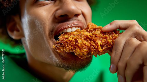 Close-up of man biting into crispy fried chicken with vibrant green background