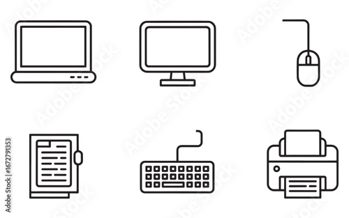 Office Device Icons Laptop Desktop Monitor Mouse Keyboard Printer and Document Illustration for Business and Technology Pictograms