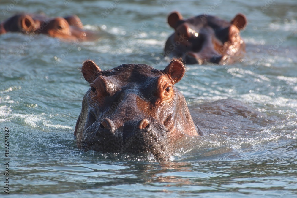 Fototapeta premium During hot days hippos swim in a pond