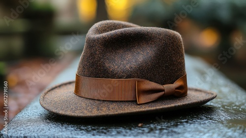 Brown fedora hat rests on a dark surface outdoors. Autumnal blurred background