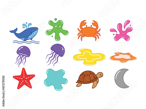 Ocean Creatures Collection: A vibrant collection of ocean creatures with splashes, including a whale, crab, jellyfish, starfish, turtle, and crescent, offers a vivid portrayal of marine life.