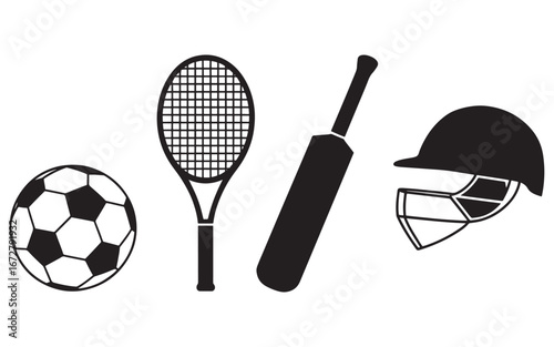 Monochromatic Sports Equipment Depiction Soccer Ball Tennis Racket Cricket Bat and Helmet Conveying Athletics and Recreational Activities