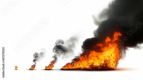 Fire Evolution Sequence: Growing Flame and Smoke on a Clean Background Display