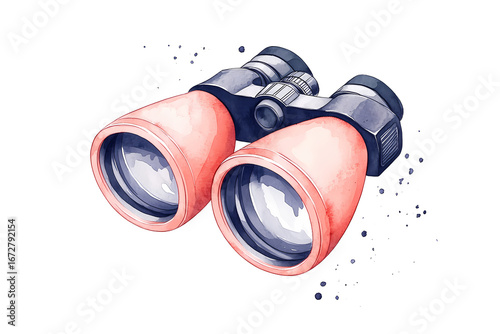 A watercolor painting of a pair of pink binoculars on a black background.  Perfect for travel, adventure, or exploration themes.