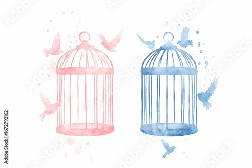 Pink and blue watercolor birdcages with birds escaping.  A symbolic image of freedom and hope.