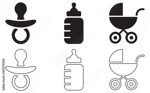 Baby Essentials Black and White Icons Pacifier Bottle and Stroller Cute Graphic Elements for Baby Related Projects
